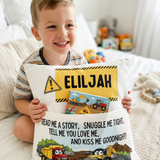 Personalised Construction Pocket Book Cushion with construction vehicle designs and built-in book pocket for kids