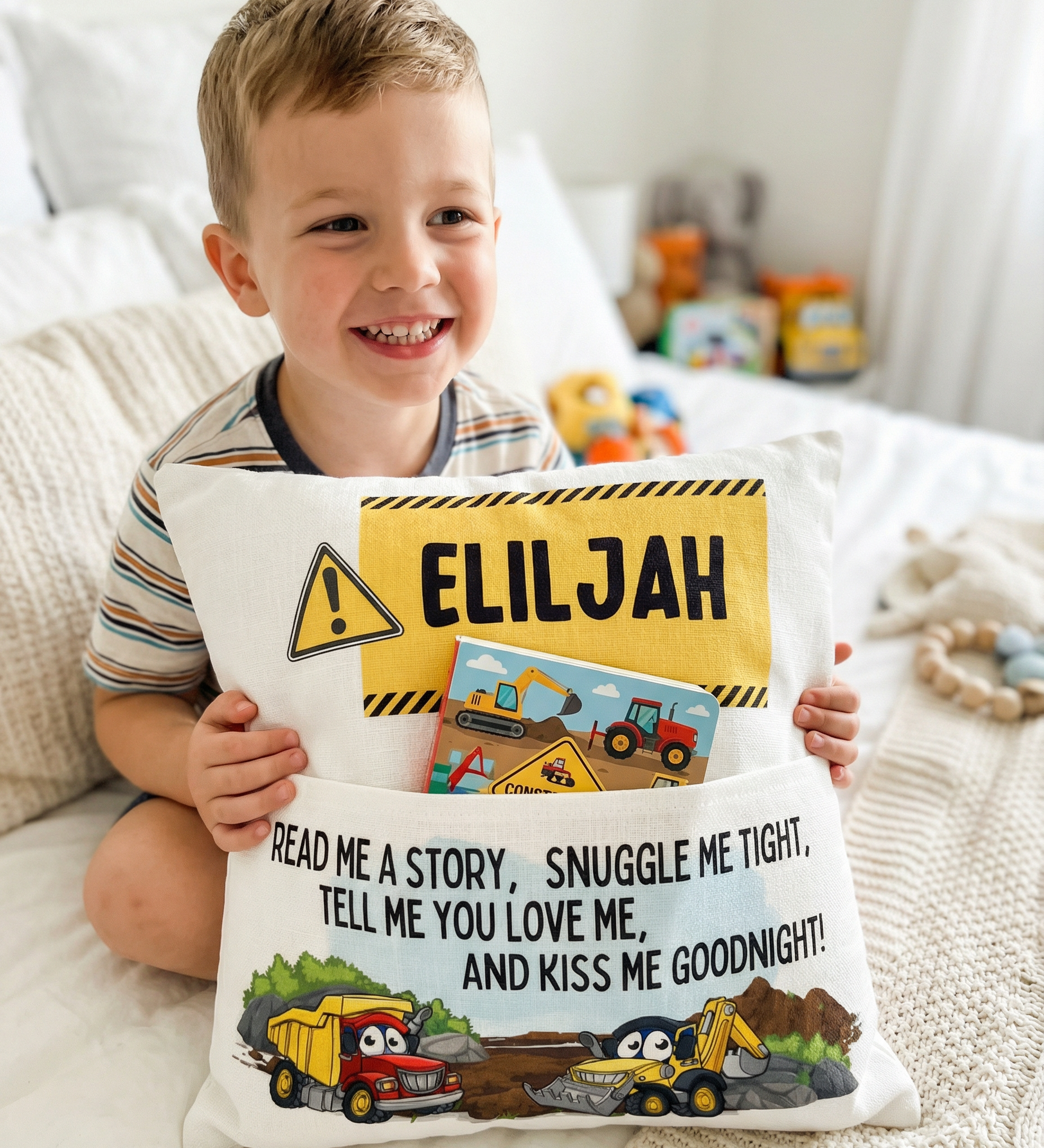 Personalised Construction Pocket Book Cushion with construction vehicle designs and built-in book pocket for kids