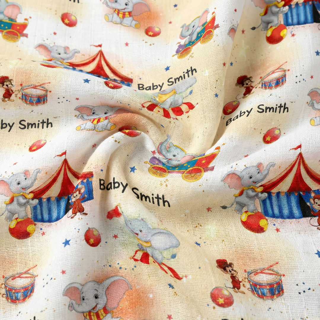 Personalised muslin swaddle wrap with baby name, soft breathable fabric, 120x120cm size, ideal for newborns and gifting