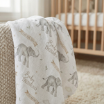 Soft personalized custom muslin swaddle wrap with baby name, lightweight and breathable for newborns, 120x120cm size