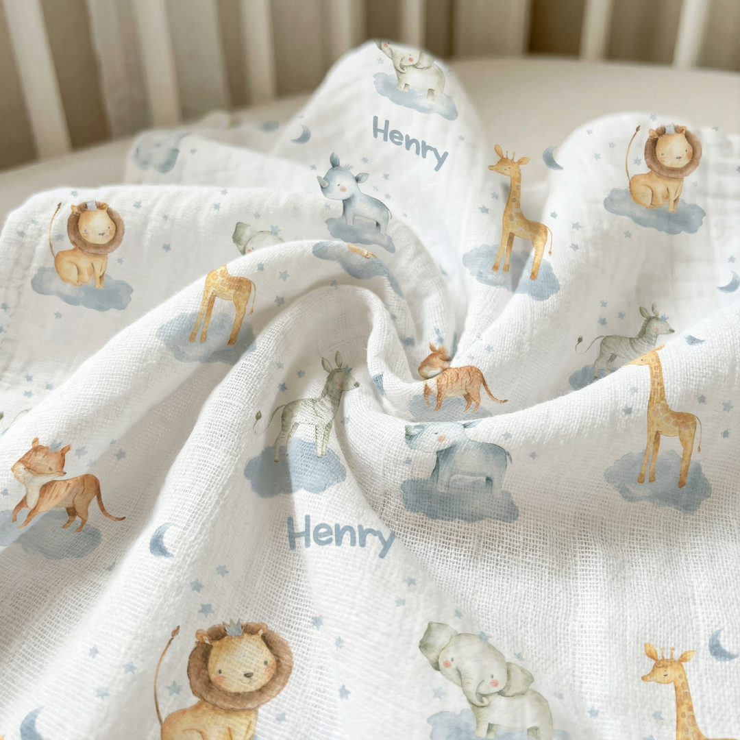 Personalised muslin swaddle wrap with baby’s name, soft breathable fabric, 120x120cm size for newborns.