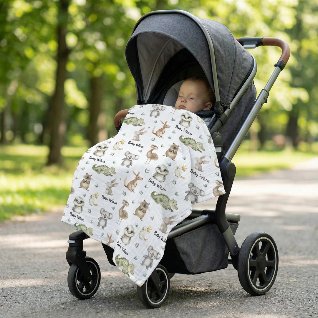 Personalised muslin swaddle wrap with baby name, soft breathable fabric, 120x120cm size for newborns