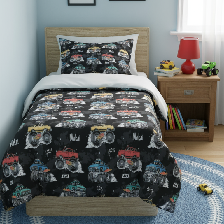 Children's bedroom with bed featuring car-themed bedding, toys on a blue rug, and framed pictures on the wall.