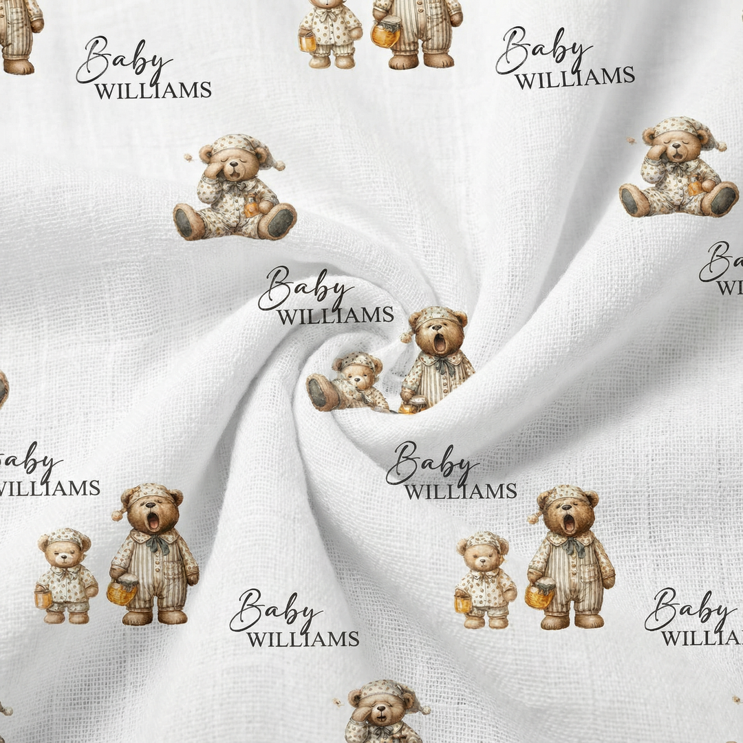 Personalised custom muslin swaddle wrap with baby name, soft breathable fabric, 120x120cm size for newborns.