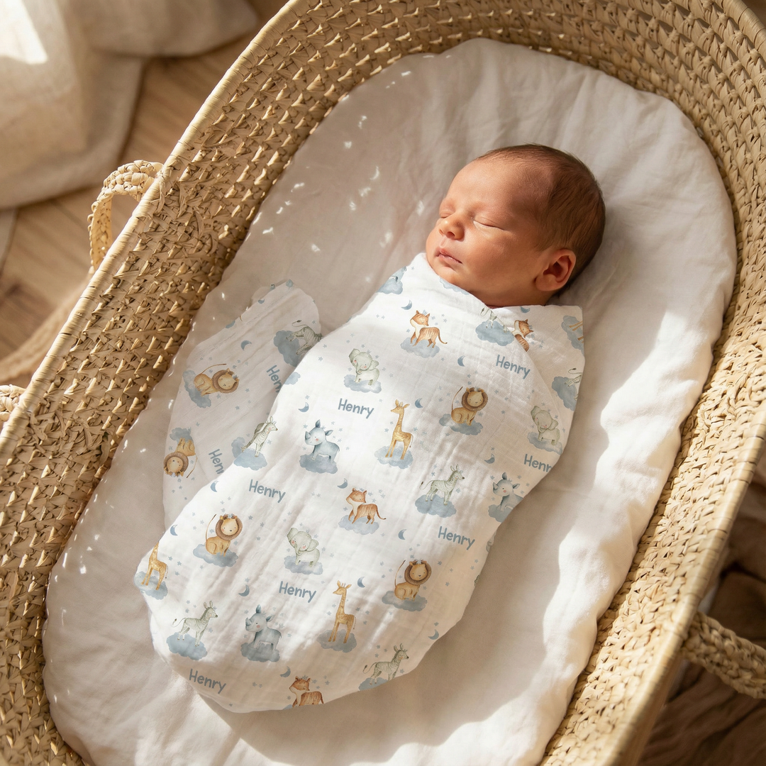 Personalised muslin swaddle wrap with baby name, soft breathable fabric, 120x120cm, newborn essential