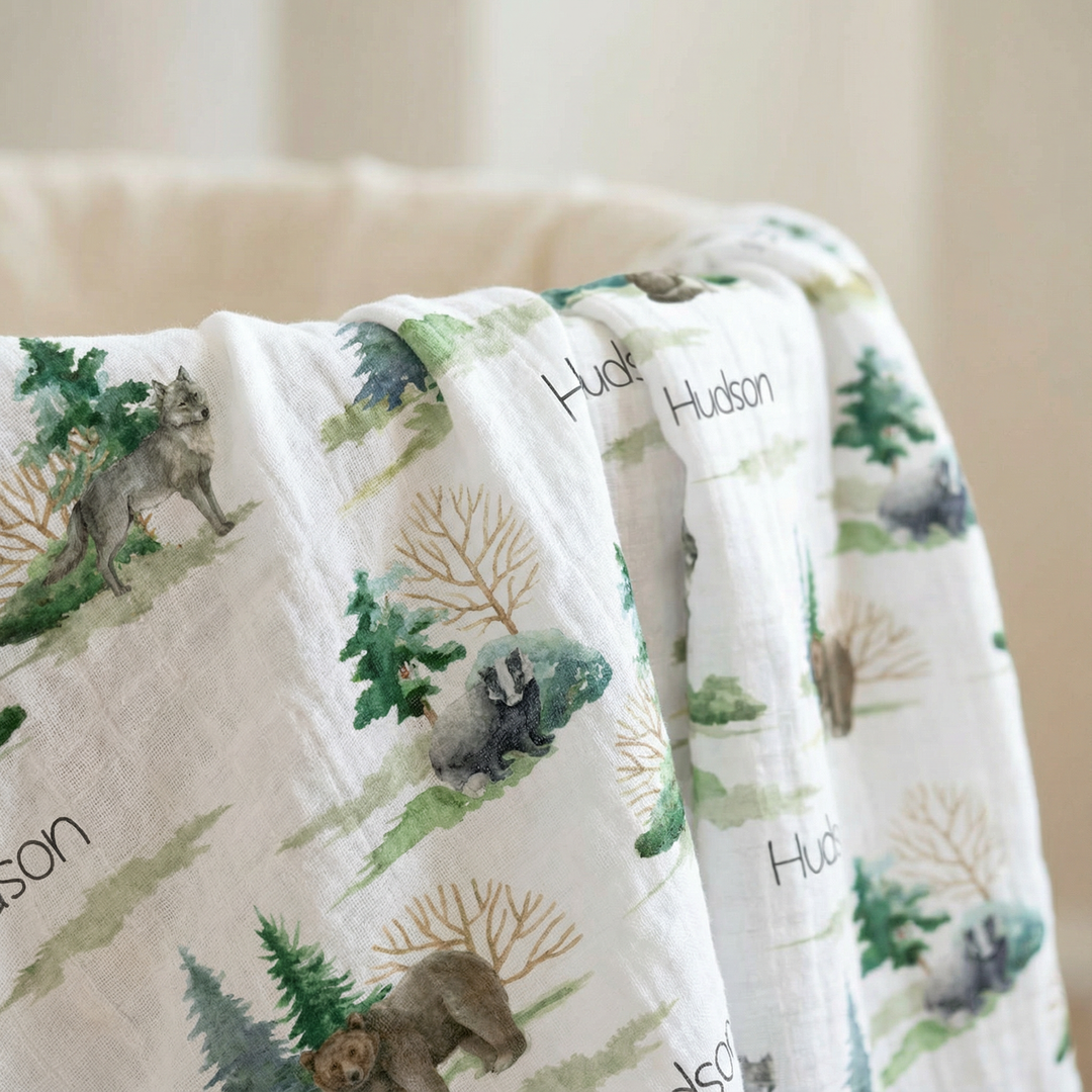 Personalised muslin swaddle wrap with baby’s name, soft breathable fabric, 120x120cm, ideal for newborns and gifts