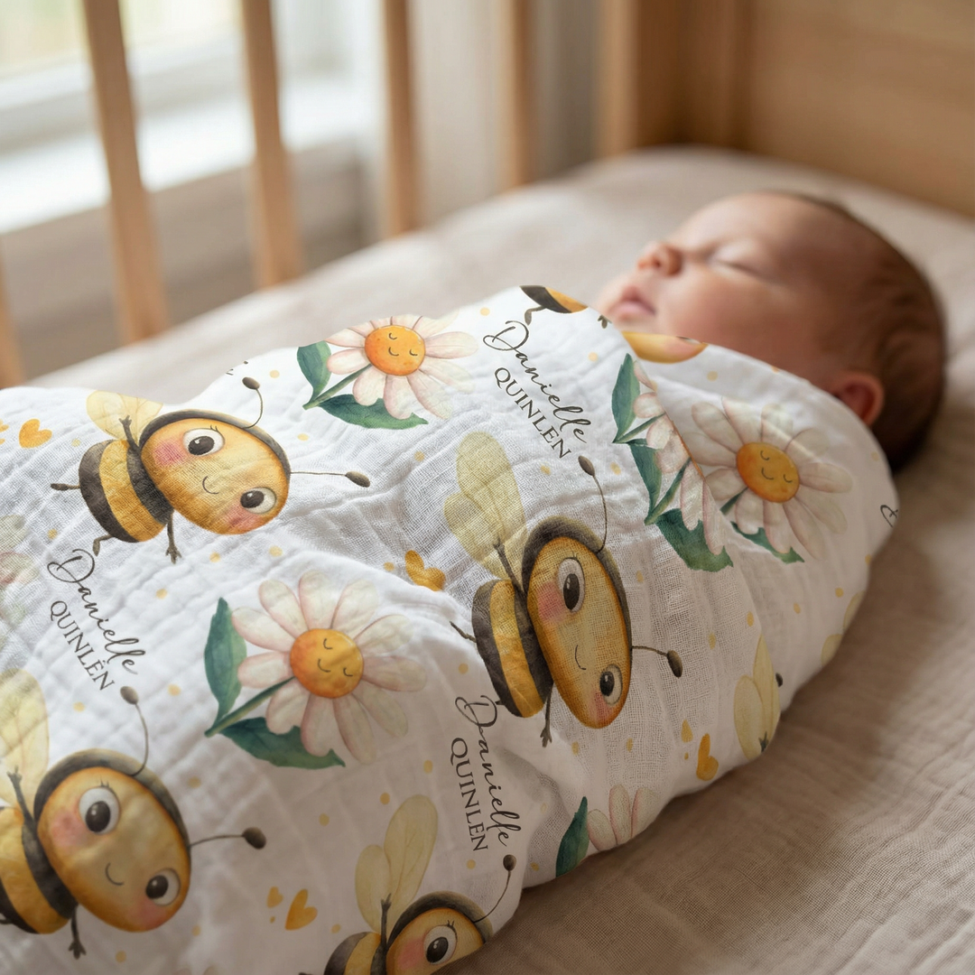 Personalised custom muslin swaddle wrap with baby name, soft breathable fabric, 120x120cm size for newborns and babies