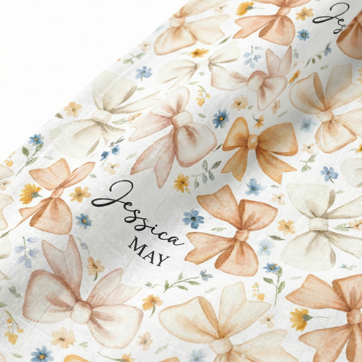 Personalised custom muslin swaddle wrap with baby name, soft breathable fabric, 120x120cm, perfect for newborns and gifts