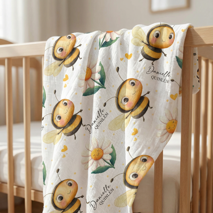 Personalised custom muslin swaddle wrap with baby name, soft breathable 120x120cm blanket for newborns