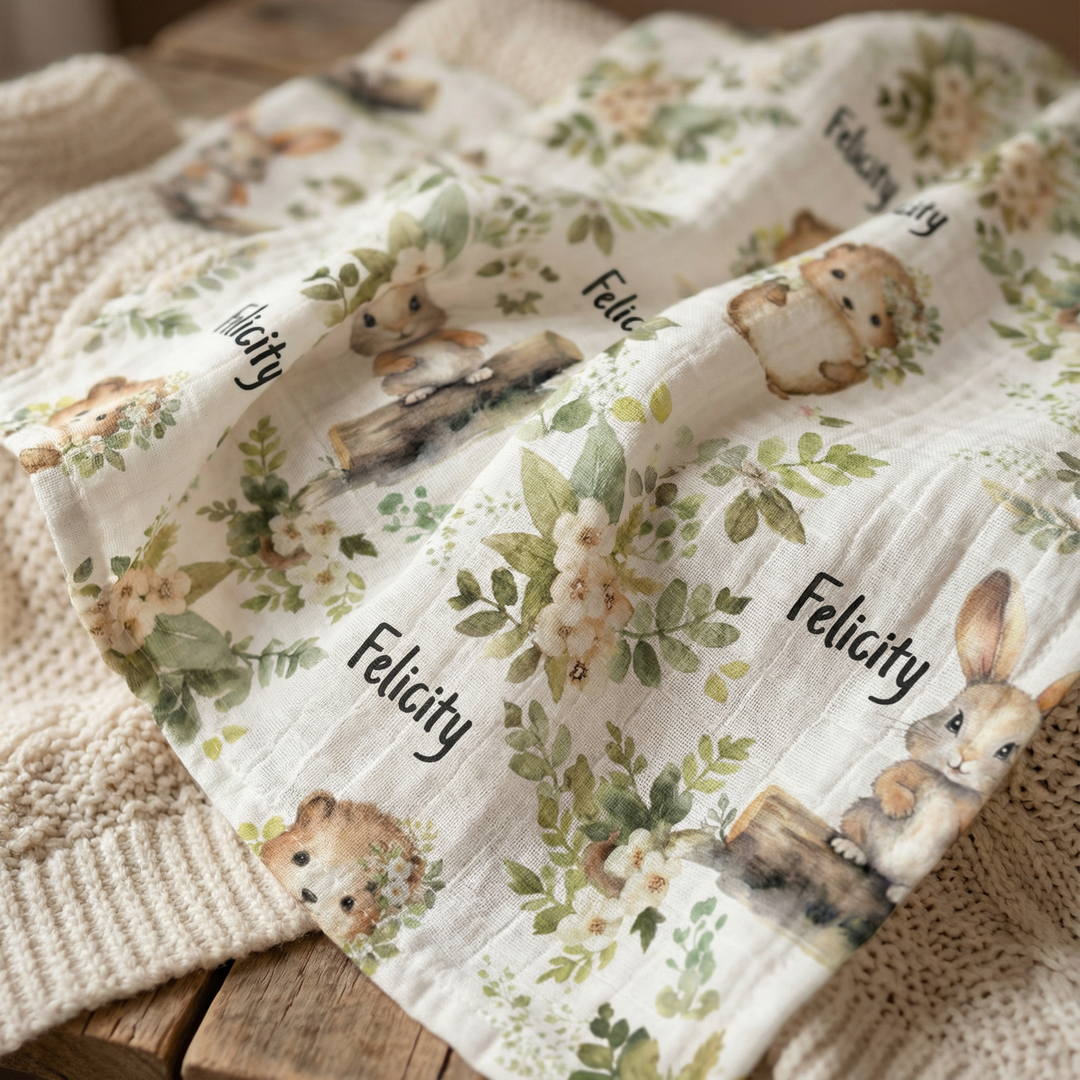 Personalised muslin swaddle wrap with baby name, soft breathable fabric, 120x120cm size for newborns and babies