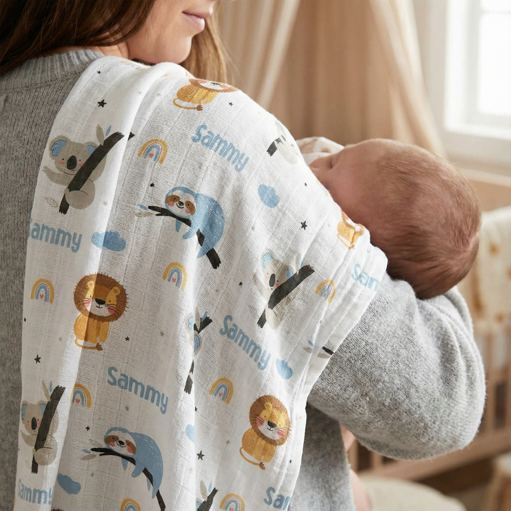 Personalised muslin swaddle wrap with baby name, soft breathable fabric, 120x120cm size for newborns and babies