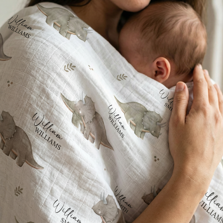 Personalised custom muslin swaddle wrap for newborns with baby’s name, soft breathable fabric, 120x120cm size