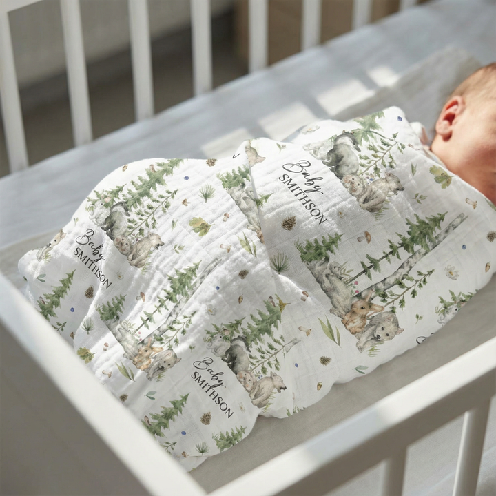 Custom muslin swaddle wrap personalized with baby’s name, soft breathable fabric, 120x120cm size for newborns and babies.