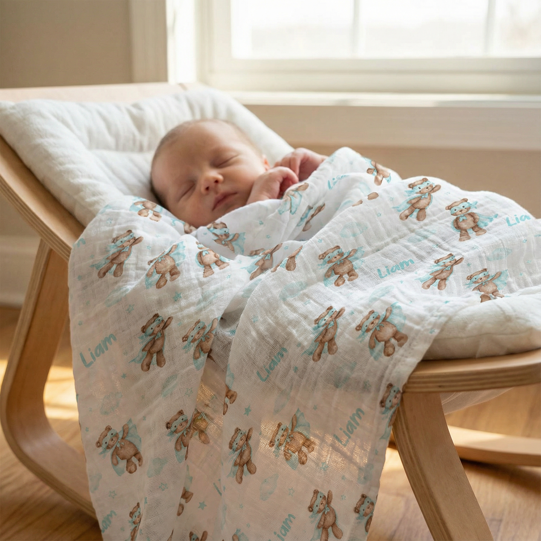 Personalised muslin swaddle wrap with baby name, soft breathable fabric, 120x120cm, ideal for newborns and gifts
