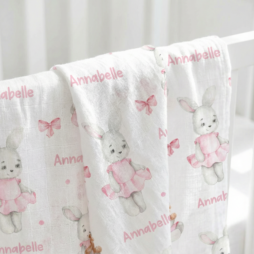 Personalised Muslin Swaddle wrap with baby name, soft breathable fabric, 120x120cm perfect for newborns and gifts