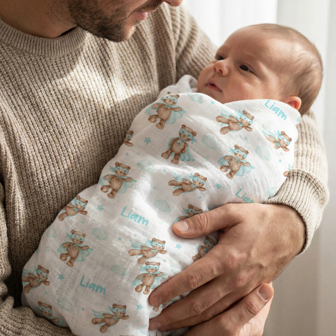 Personalised muslin swaddle wrap with baby name, soft breathable fabric, 120x120cm size for newborns and babies