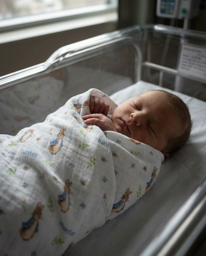 Personalised muslin swaddle wrap with baby name, soft breathable fabric, 120x120cm size for newborns.