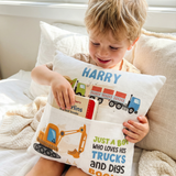 Personalised truck pocket book cushion with construction design and built-in pocket for kids' books
