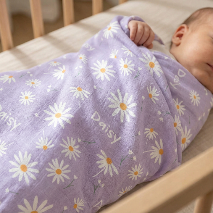 Personalised muslin swaddle wrap with baby name, soft breathable fabric, 120x120cm size for newborn comfort and versatile use