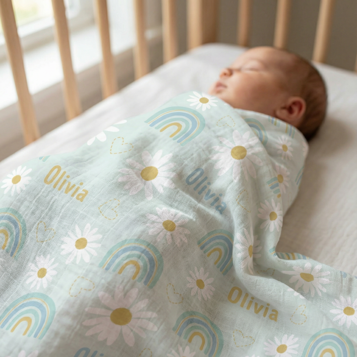 Personalised muslin swaddle wrap with baby name, soft breathable fabric, 120x120cm, ideal for newborns and gifting