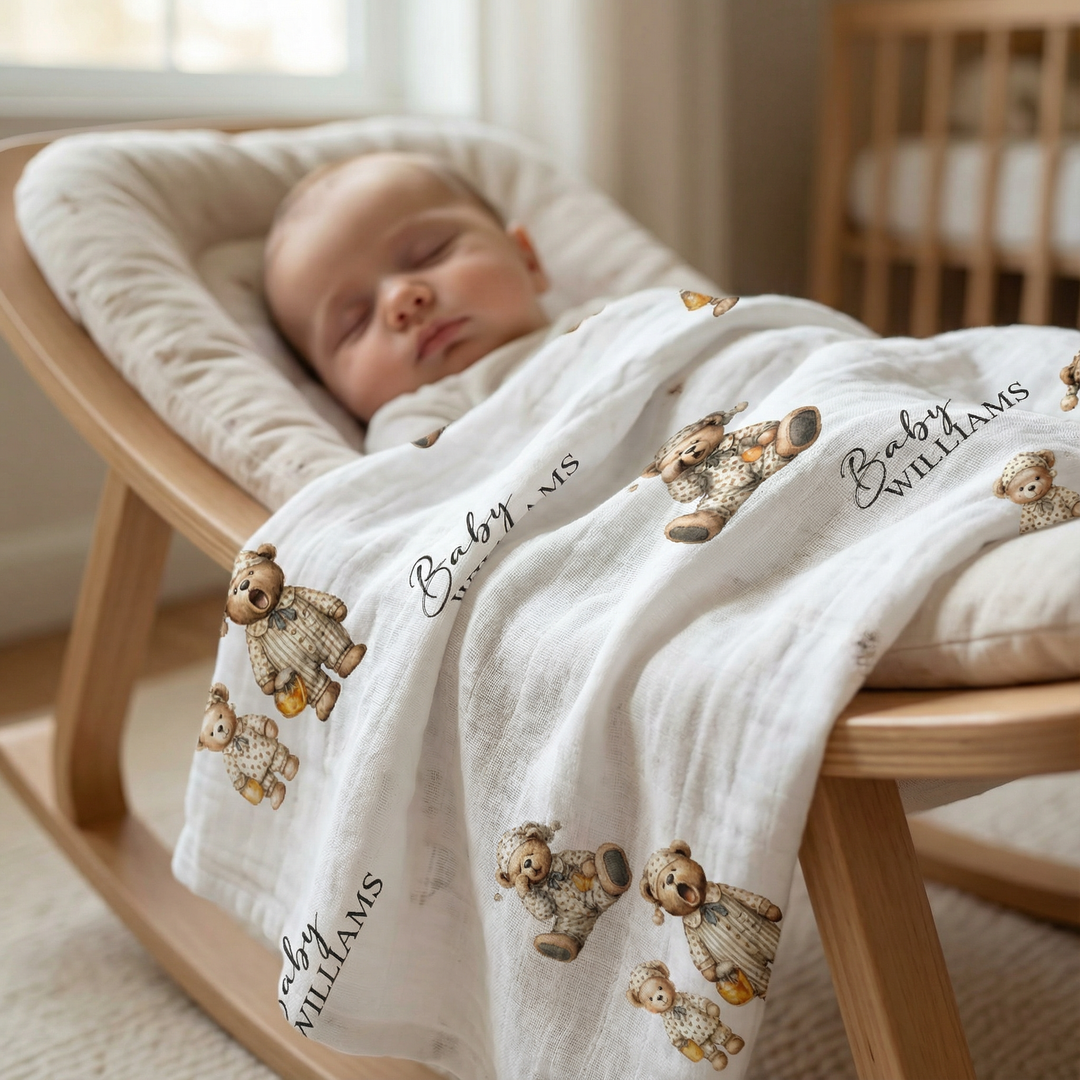 Personalised custom muslin swaddle wrap for newborns with baby name, soft breathable fabric, 120x120cm size.