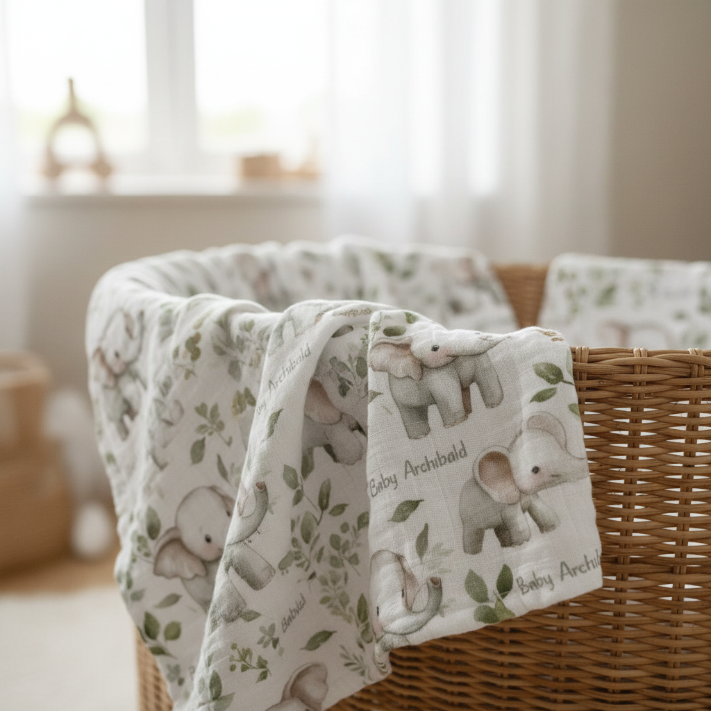 Personalised muslin swaddle wrap with baby name, soft breathable fabric, 120x120cm for newborns and babies