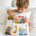 Personalised truck pocket book cushion with child's name and construction vehicle design