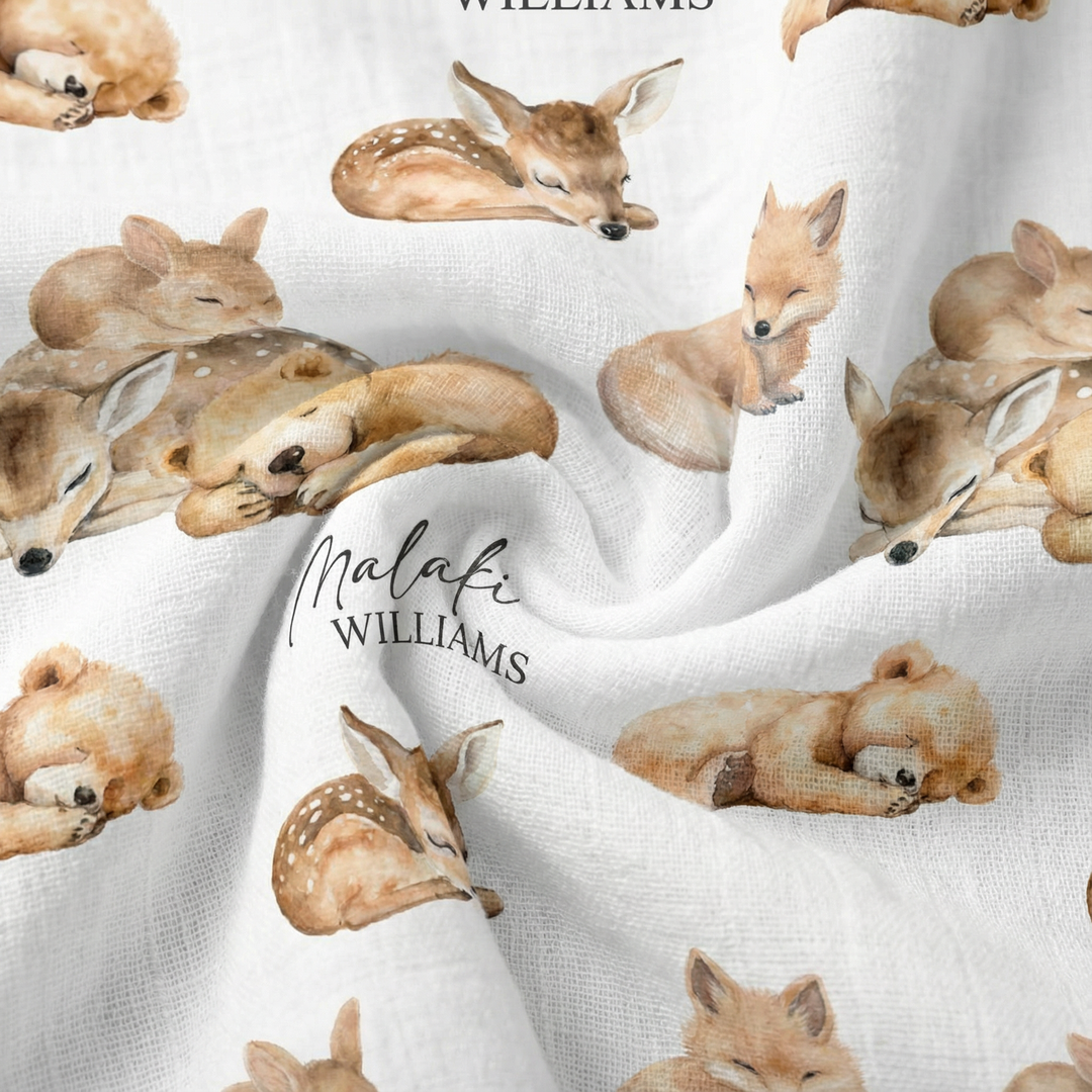 Custom muslin swaddle wrap personalized with baby’s name, soft breathable fabric, 120x120cm size.