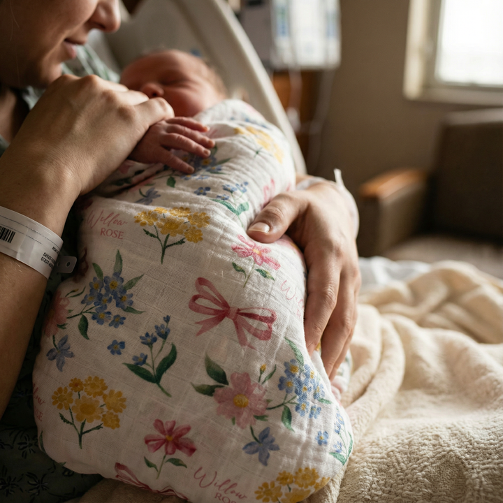 Personalised custom muslin swaddle wrap with baby name, soft breathable fabric, 120x120cm, perfect for newborns and gifts