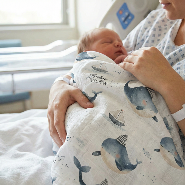 Personalised custom muslin swaddle wrap with baby name, soft breathable fabric, 120x120cm, ideal for newborns and gifts