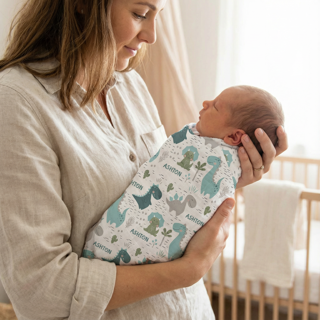Personalised muslin swaddle wrap with baby name, soft breathable fabric, 120x120cm for newborns and babies