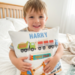 Personalised truck pocket book cushion with excavator design and built-in book pocket for boys