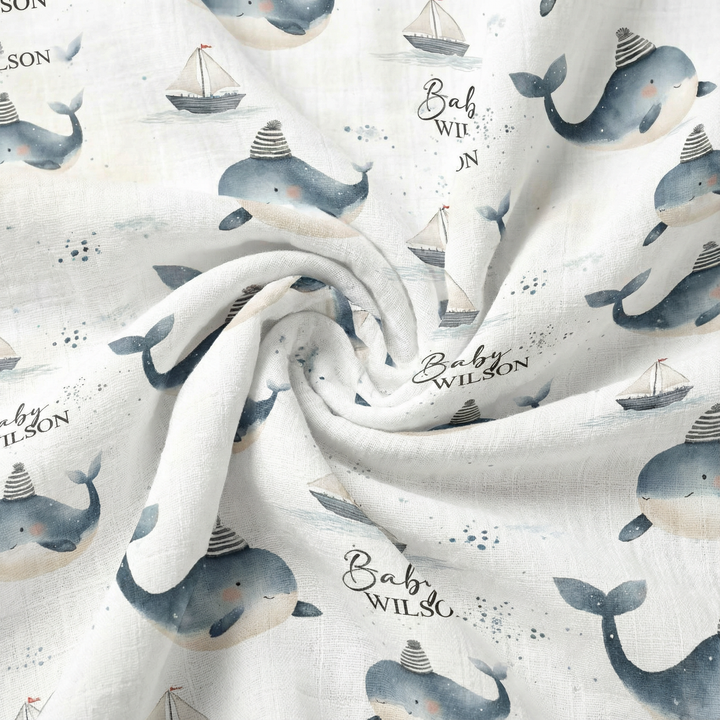 Custom muslin swaddle wrap with personalized baby name, soft breathable fabric, 120x120cm, ideal for newborns and gifts