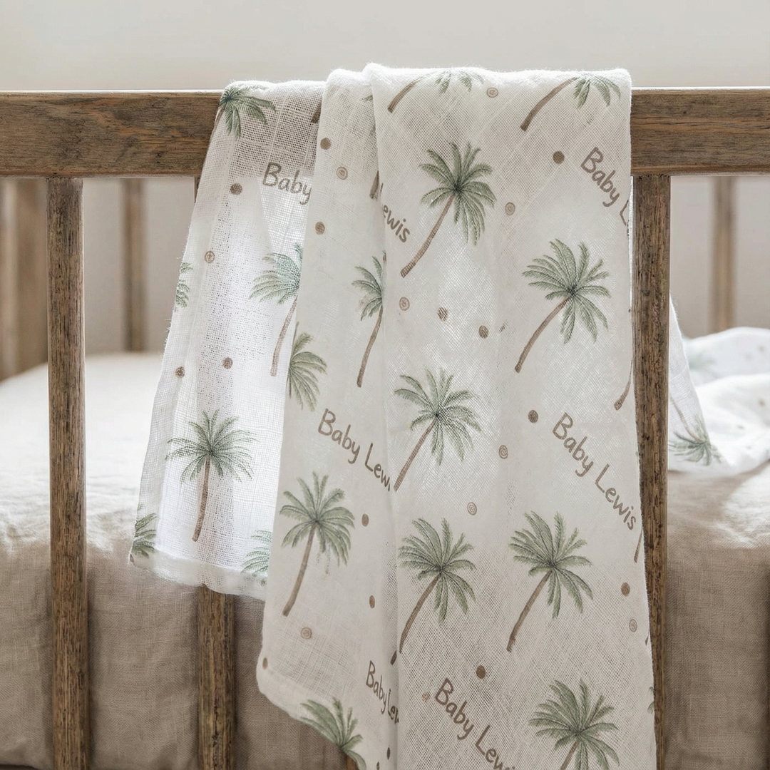 Personalised muslin swaddle wrap with baby name, soft breathable fabric, 120x120cm, gentle on newborn skin