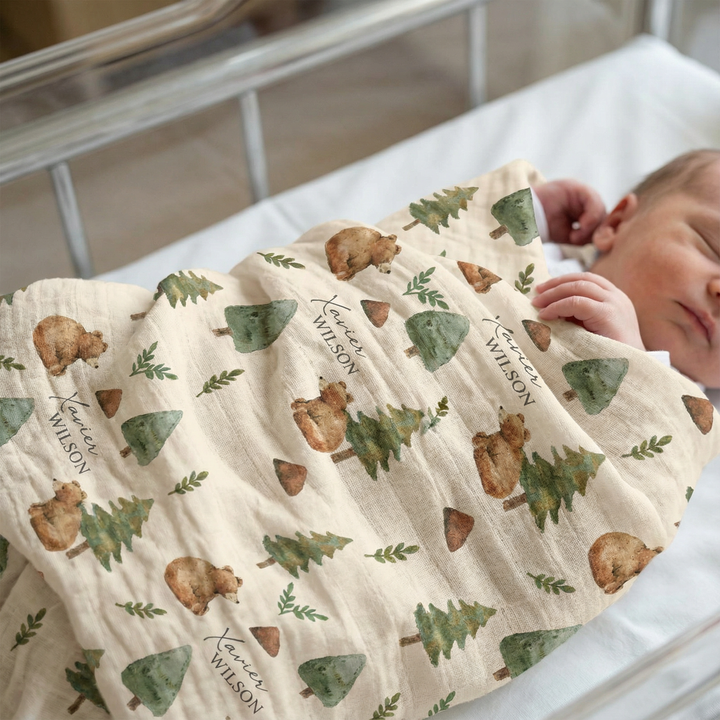 Custom muslin swaddle wrap personalized with baby’s name, soft breathable fabric, 120x120cm size, perfect for newborns.