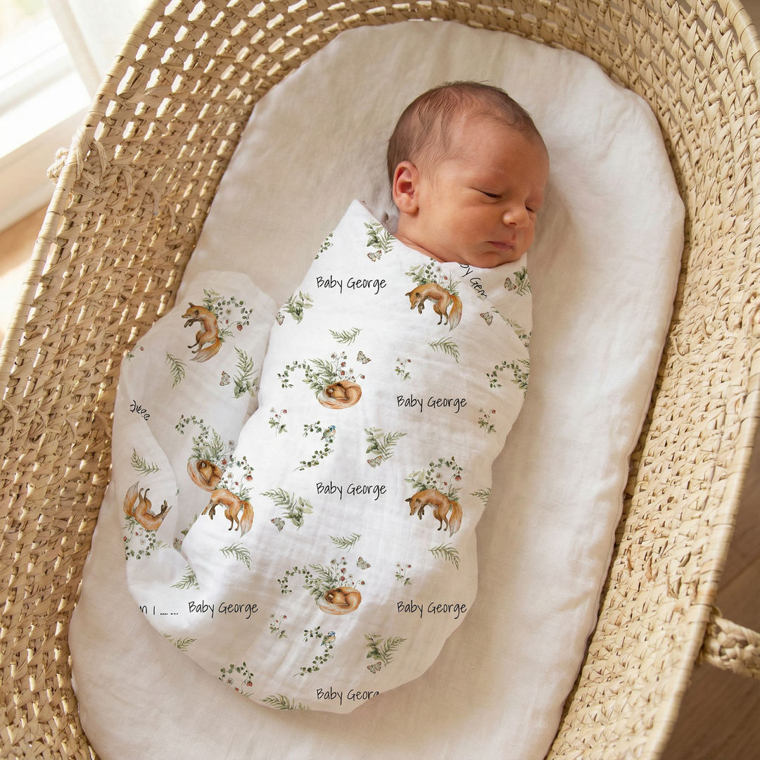 Personalised muslin swaddle wrap for newborns with custom baby name, soft breathable fabric, 120x120 cm size, machine washable