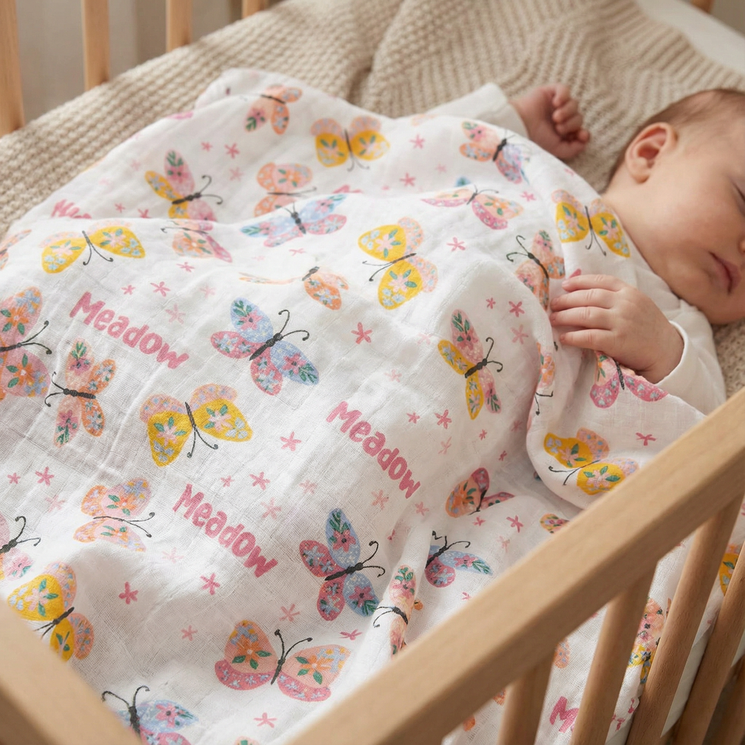 Personalised muslin swaddle wrap with baby name, soft breathable fabric, 120x120cm for newborns and babies