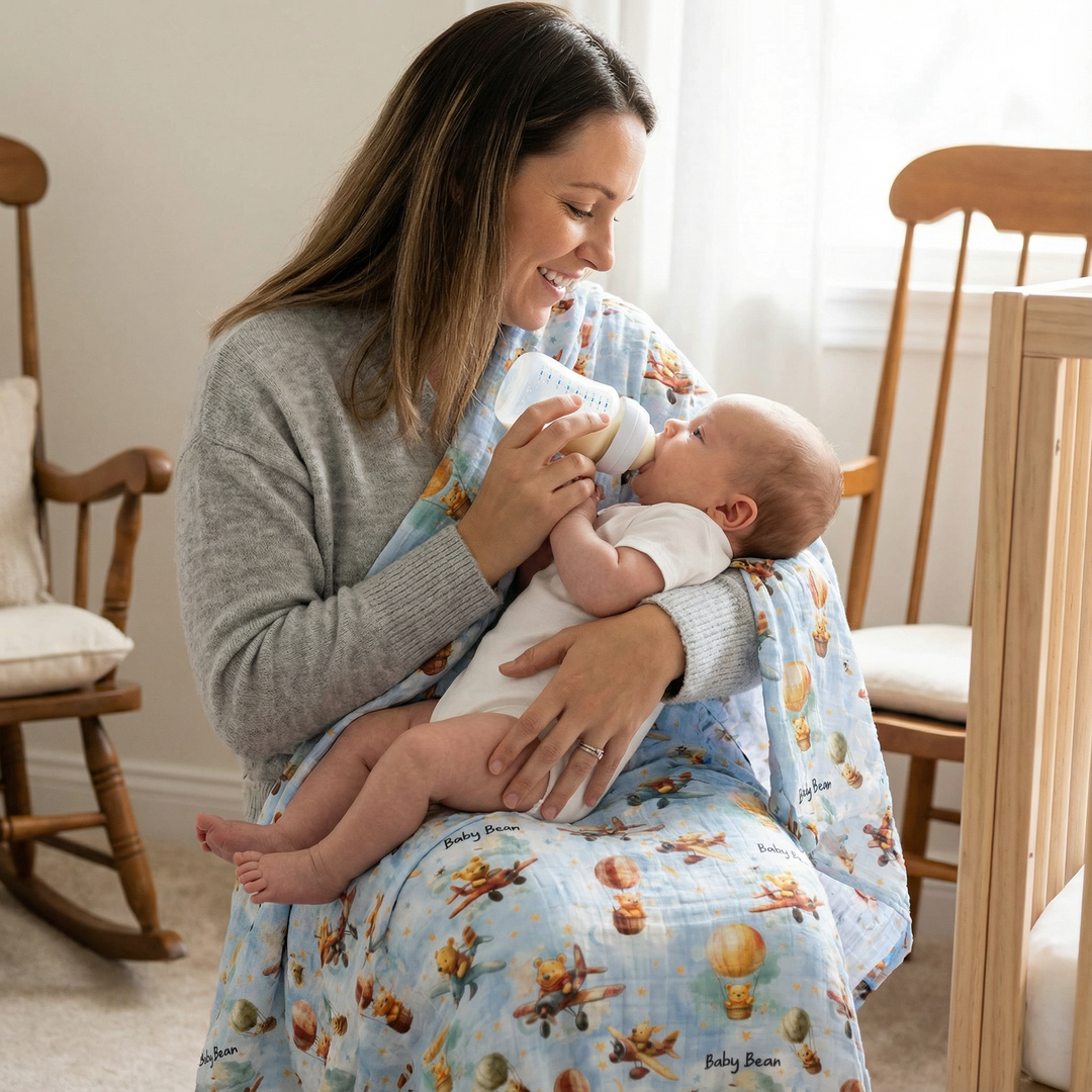 Personalised muslin swaddle wrap with baby name, soft breathable fabric, 120x120cm size for newborns and babies