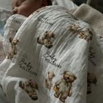 Personalised custom muslin swaddle wrap with baby name, soft breathable fabric, 120x120cm size, ideal for newborns and machine washable
