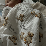 Personalised custom muslin swaddle wrap with baby name, soft breathable fabric, 120x120cm size, ideal for newborns and machine washable