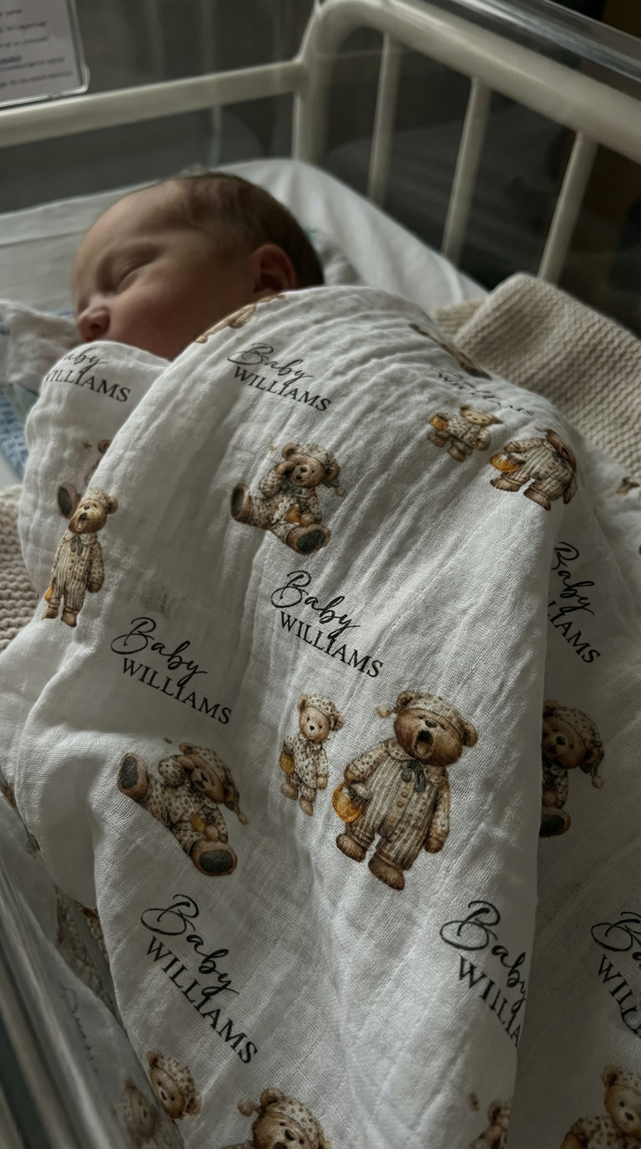Personalised custom muslin swaddle wrap with baby name, soft breathable fabric, 120x120cm size, ideal for newborns and machine washable