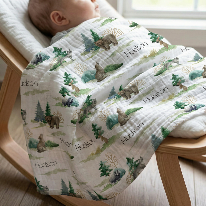 Personalised muslin swaddle wrap with baby name, soft breathable fabric, 120x120cm, gentle on newborn skin, perfect gift for babies