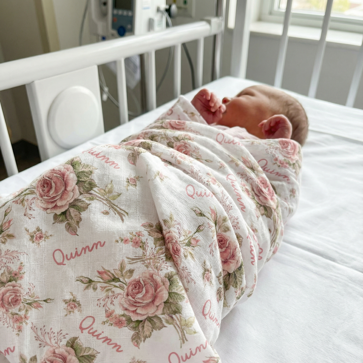 Personalised muslin swaddle wrap with baby name, soft breathable fabric 120x120cm for newborns