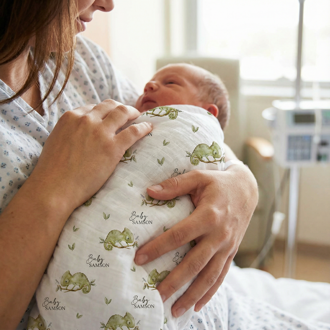 Personalised custom muslin swaddle wrap with baby name, soft breathable fabric, 120x120cm size, gentle for newborns and machine washable