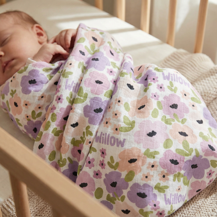 Personalised muslin swaddle wrap with baby name, soft breathable fabric, 120x120cm size for newborn comfort and versatile use.