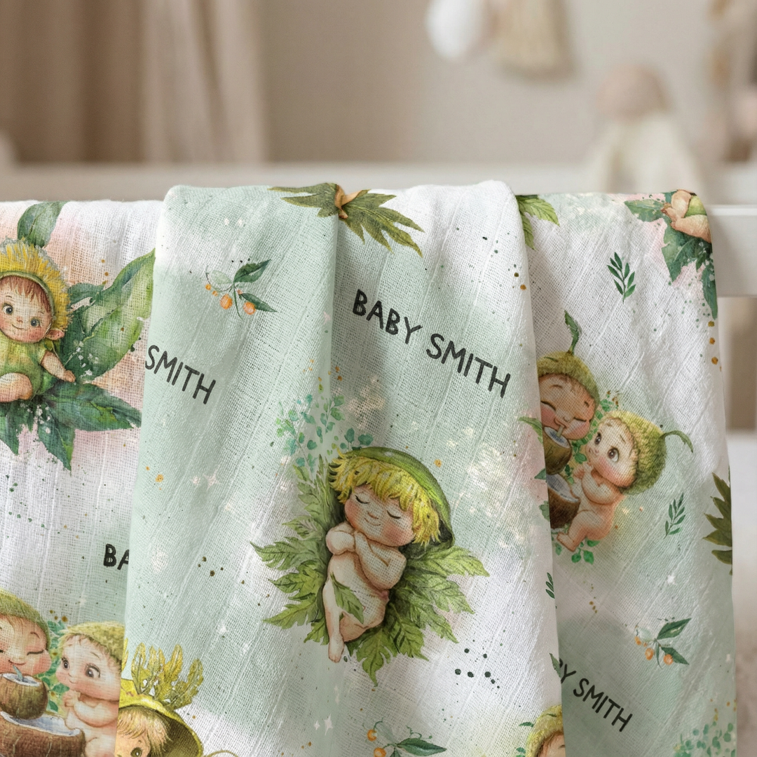 Personalised muslin swaddle wrap with baby name, soft breathable fabric, 120x120cm size for newborns.