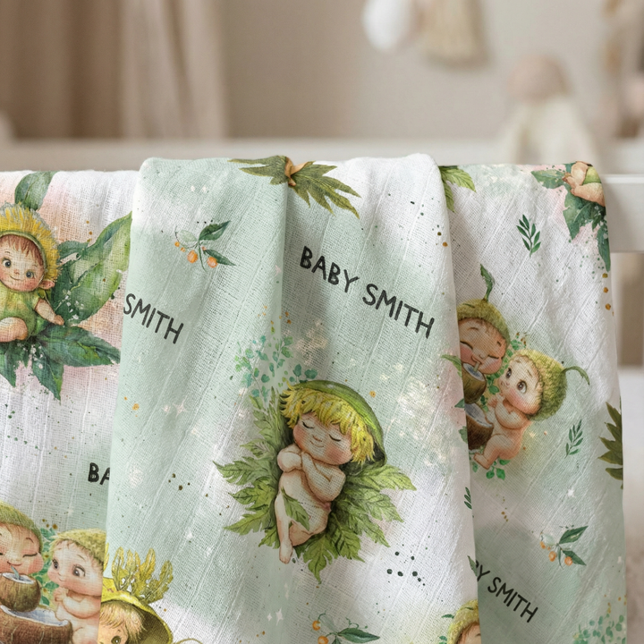 Personalised muslin swaddle wrap with baby name, soft breathable fabric, 120x120cm size for newborns.