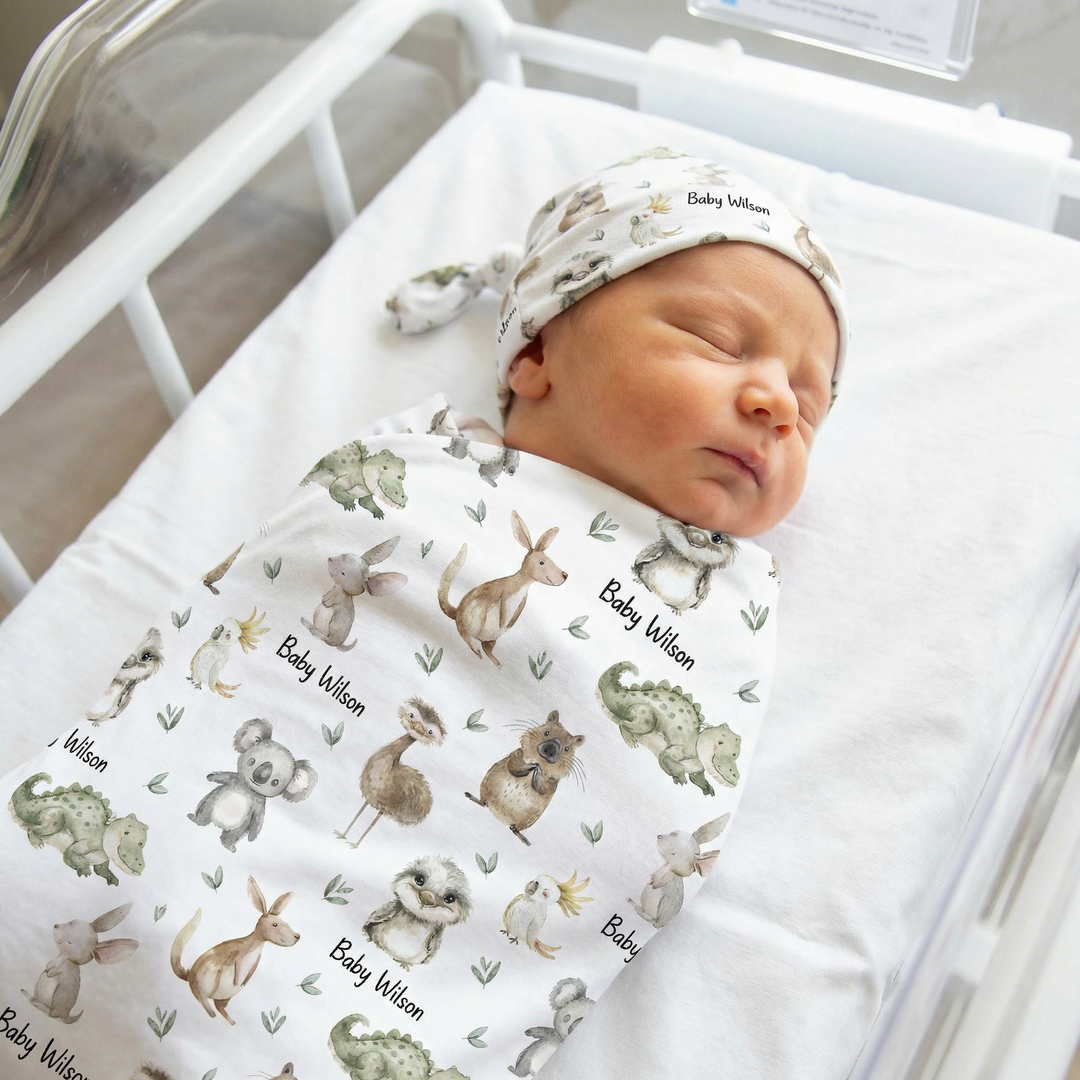 Personalised baby swaddle and beanie set in soft stretch poly fabric for newborn comfort and style