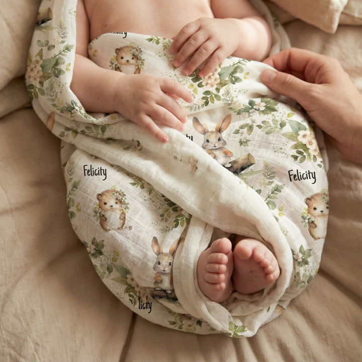 Personalised muslin swaddle wrap with baby name, soft breathable fabric, 120x120cm size for newborns and babies