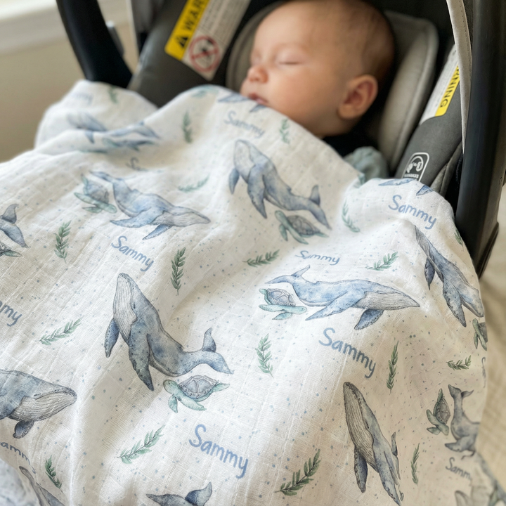 Personalised muslin swaddle wrap with baby name, soft breathable fabric, 120x120cm, ideal for newborns and gifts